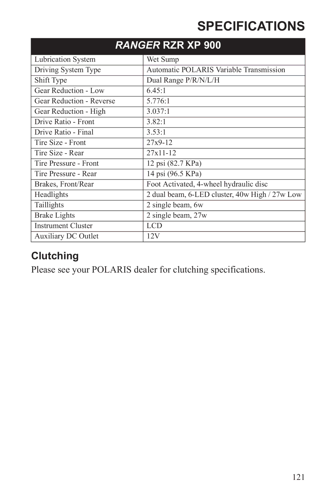 Polaris RZR XP 900, RZR XP 4 900 owner manual Clutching 