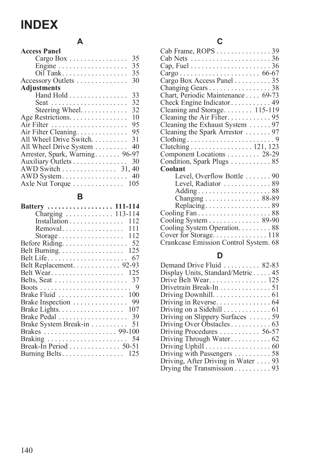 Polaris RZR XP 4 900, RZR XP 900 owner manual Index, Adjustments 