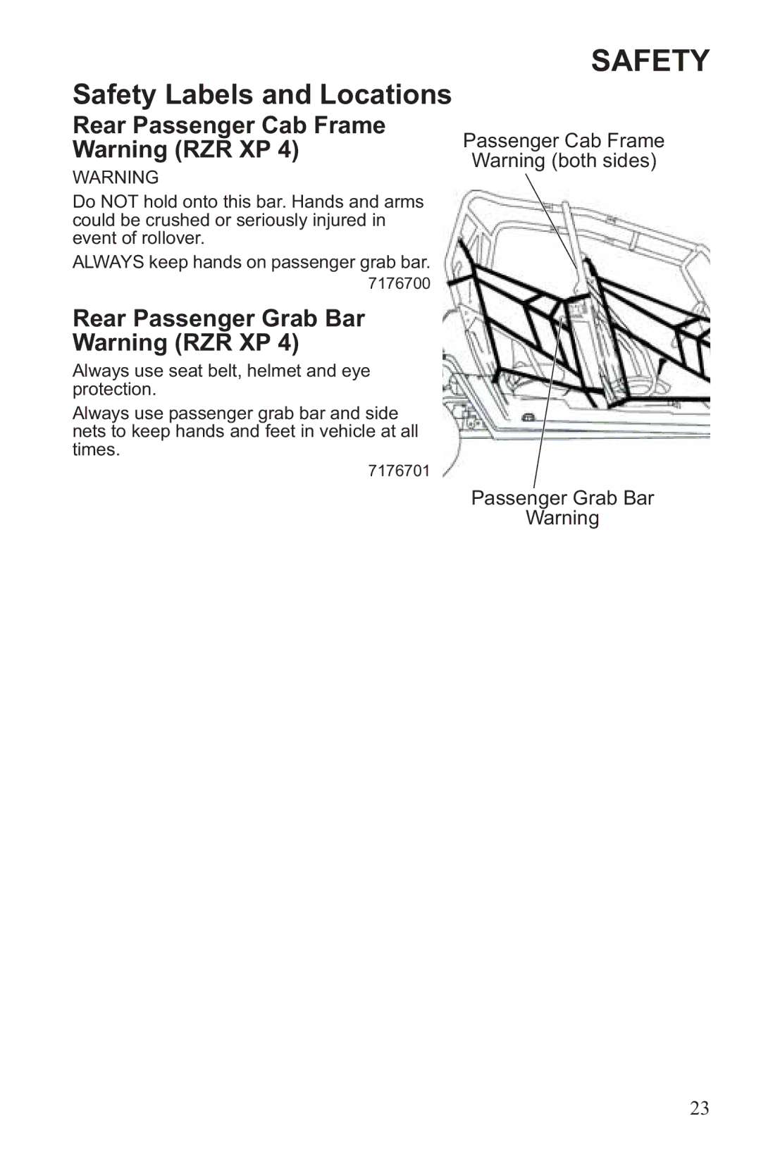 Polaris RZR XP 900, RZR XP 4 900 Rear Passenger Cab Frame Warning RZR XP, Rear Passenger Grab Bar Warning RZR XP 