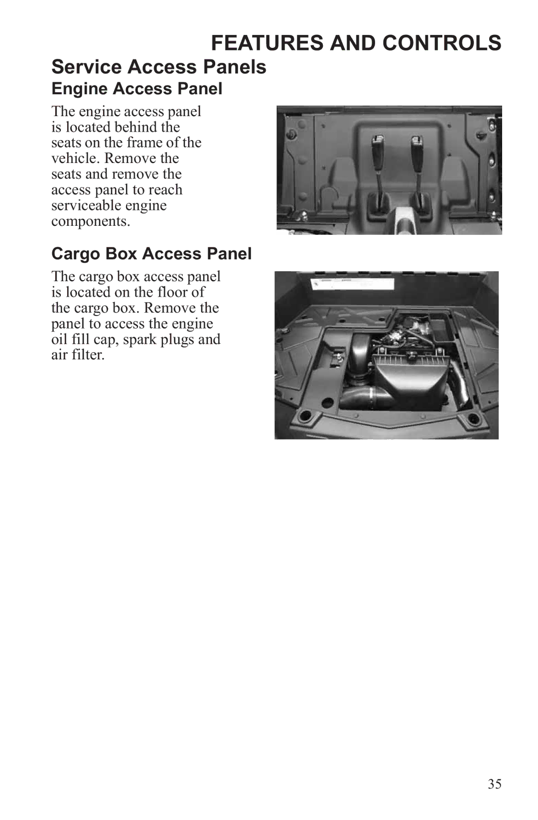 Polaris RZR XP 900, RZR XP 4 900 owner manual Service Access Panels, Engine Access Panel, Cargo Box Access Panel 