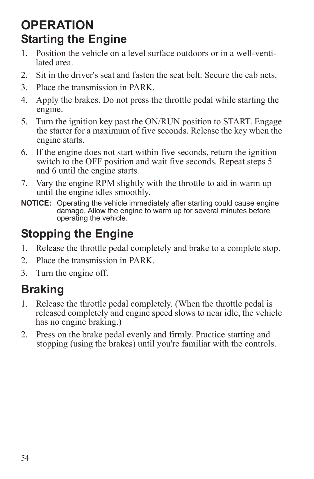 Polaris RZR XP 4 900, RZR XP 900 owner manual Starting the Engine, Stopping the Engine, Braking 