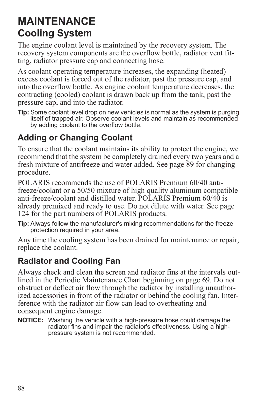 Polaris RZR XP 4 900, RZR XP 900 owner manual Cooling System, Adding or Changing Coolant, Radiator and Cooling Fan 