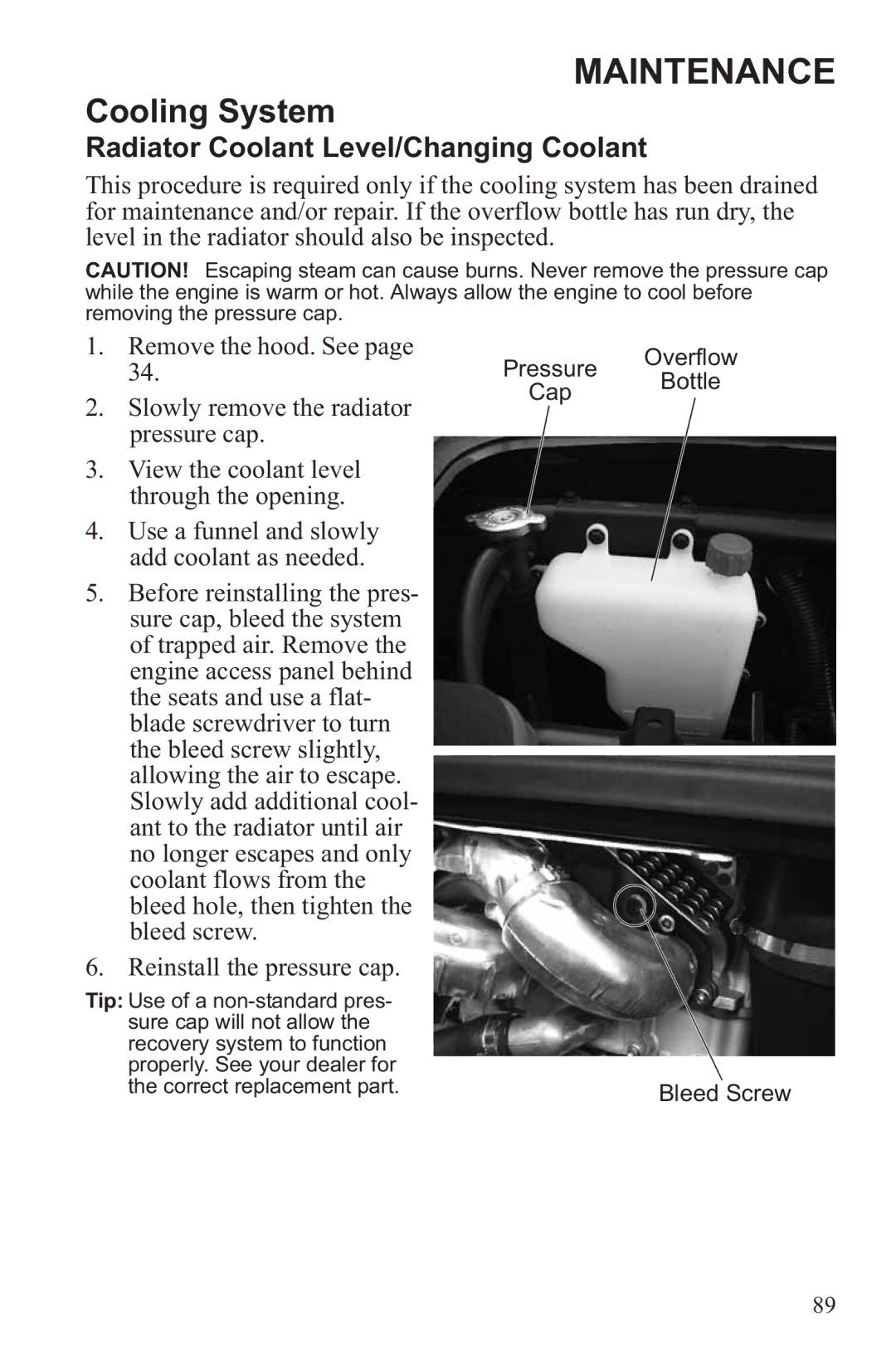 Polaris RZR XP 900, RZR XP 4 900 owner manual Radiator Coolant Level/Changing Coolant 