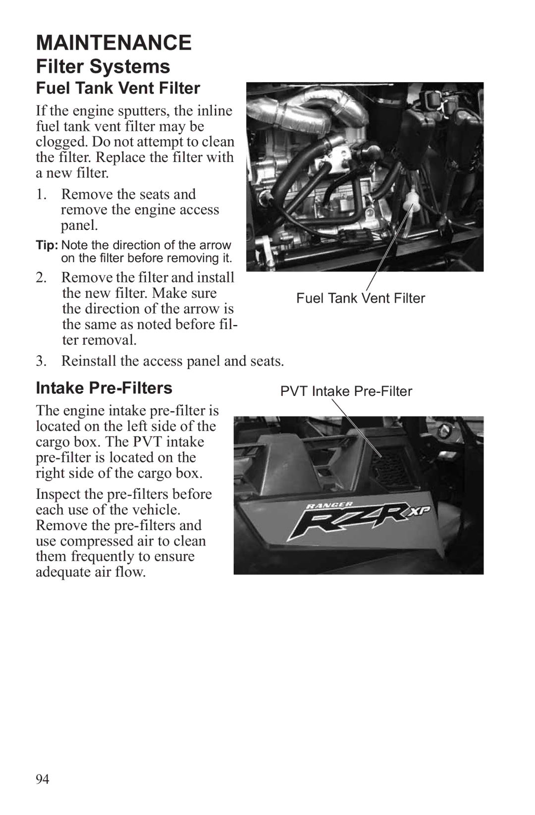 Polaris RZR XP 4 900, RZR XP 900 owner manual Filter Systems, Fuel Tank Vent Filter, Intake Pre-Filters 