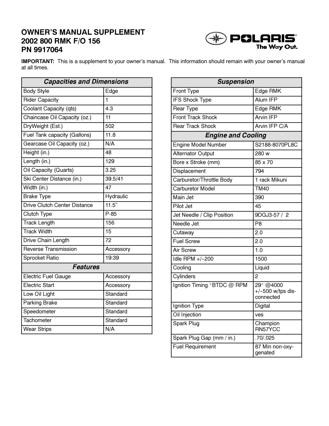 Polaris S2188-8070PL8C owner manual Capacities and Dimensions, Features, Suspension, Engine and Cooling 