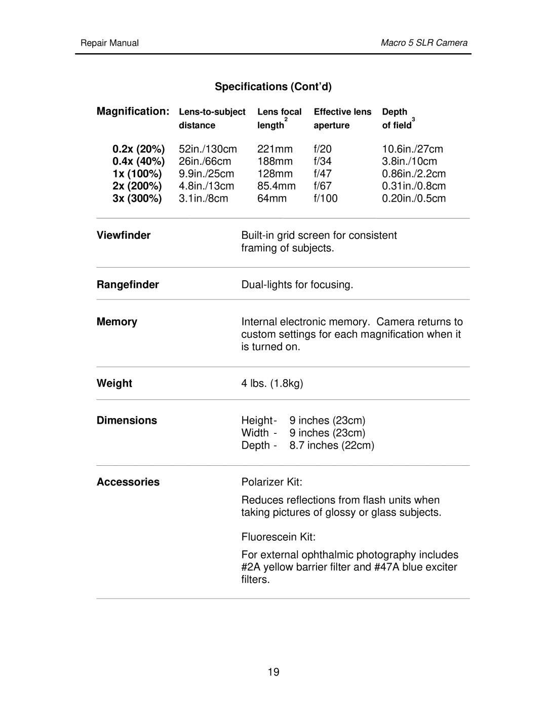 Polaroid 111523 manual Specifications Cont’d Magnification, 2x 20%, 4x 40%, 1x 100%, 2x 200%, 3x 300%, Rangefinder, Memory 