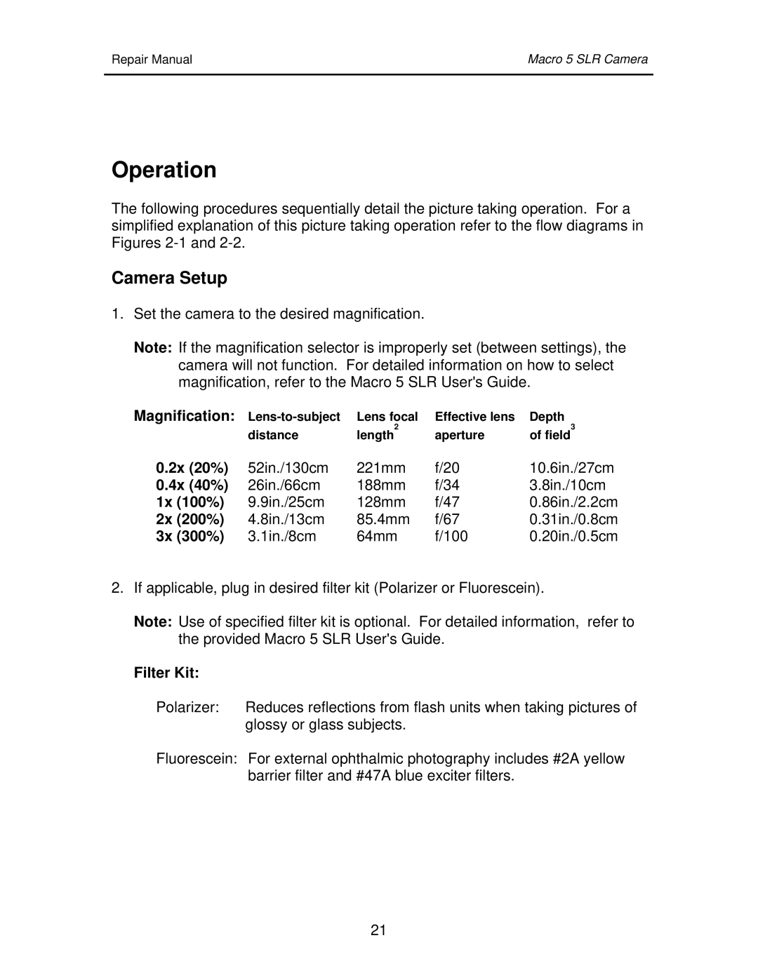 Polaroid 111523 manual Operation, Camera Setup, Filter Kit 