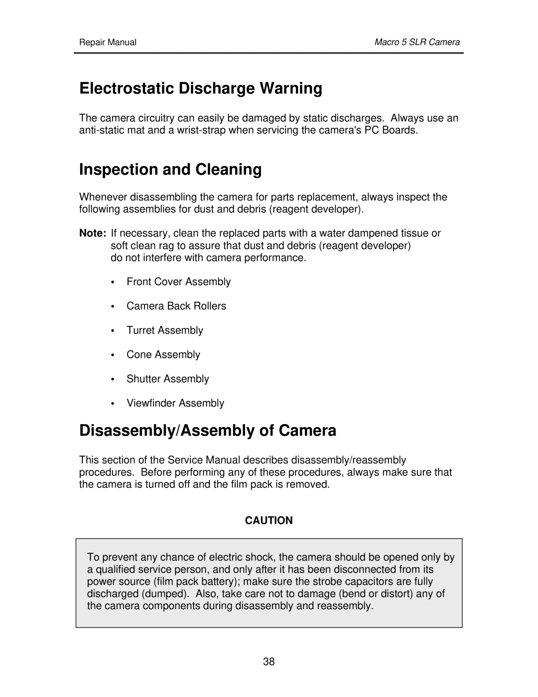 Polaroid 111523 manual Electrostatic Discharge Warning, Inspection and Cleaning, Disassembly/Assembly of Camera 