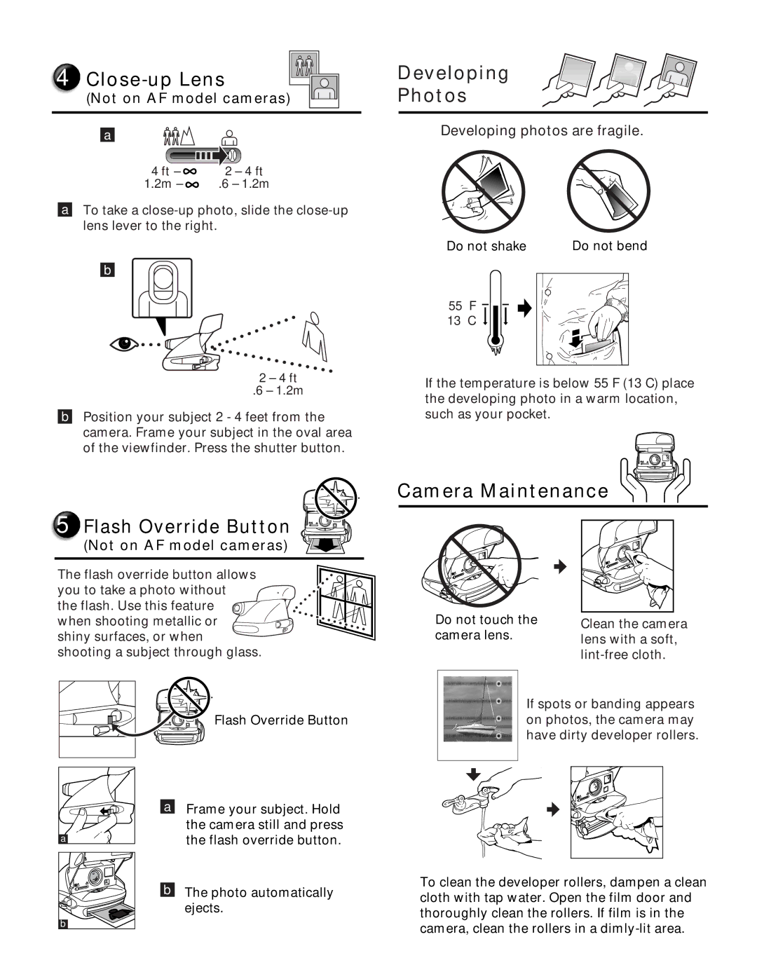 Polaroid 117922 manual Close-up Lens, Flash Override Button, Developing Photos, Camera Maintenance 