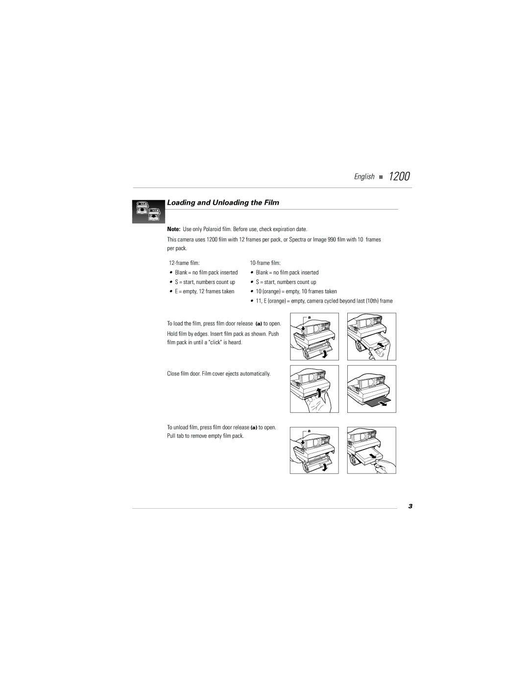 Polaroid 1200i, 1200si manual Loading and Unloading the Film, = empty, 12 frames taken 10 orange = empty, 10 frames taken 