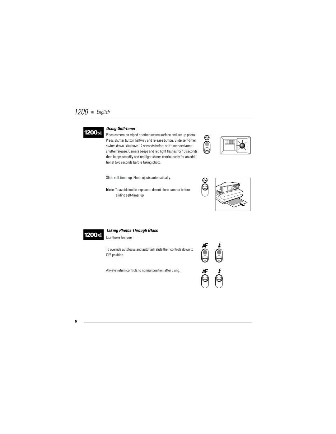 Polaroid 1200si, 1200i manual Using Self-timer, Taking Photos Through Glass 