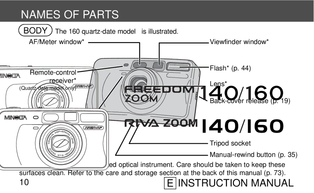 Polaroid 140 instruction manual Names of Parts, Body The 160 quartz-date model is illustrated 