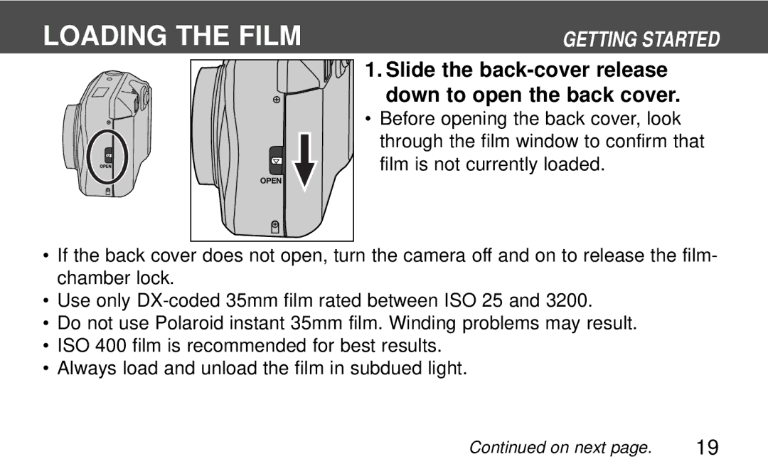 Polaroid 160, 140 instruction manual Loading the Film, Slide the back-cover release down to open the back cover 