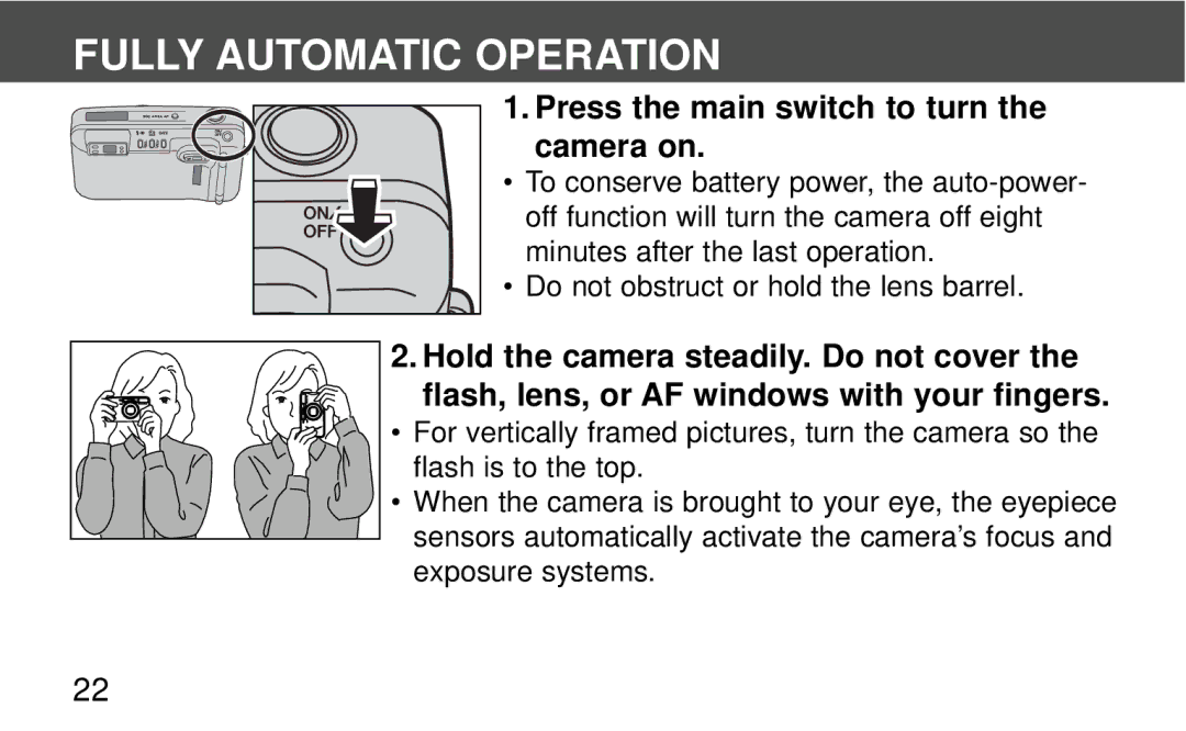 Polaroid 140, 160 instruction manual Fully Automatic Operation, Press the main switch to turn the camera on 