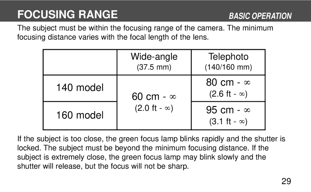 Polaroid 160, 140 instruction manual Focusing Range, Model 