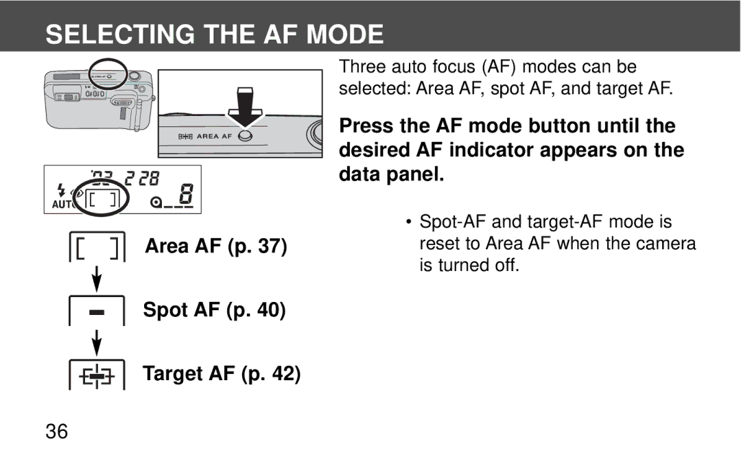 Polaroid 140, 160 instruction manual Selecting the AF Mode, Area AF p Spot AF p Target AF p 