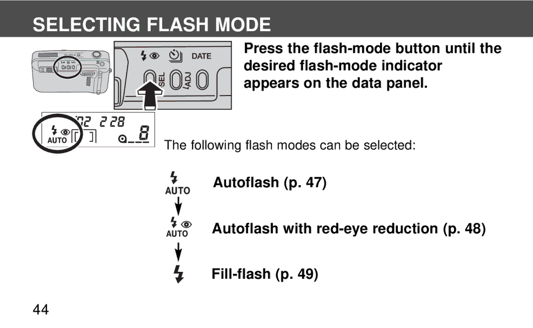 Polaroid 140, 160 instruction manual Selecting Flash Mode, Autoflash p Autoflash with red-eye reduction p Fill-flash p 