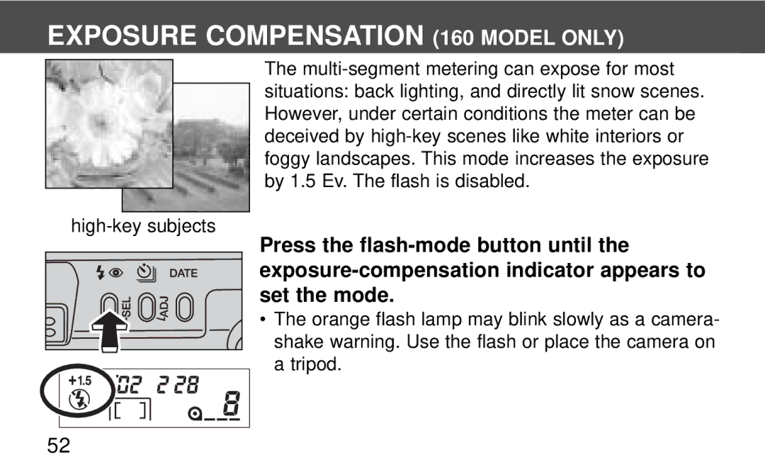 Polaroid 140 instruction manual Exposure Compensation 160 Model only 