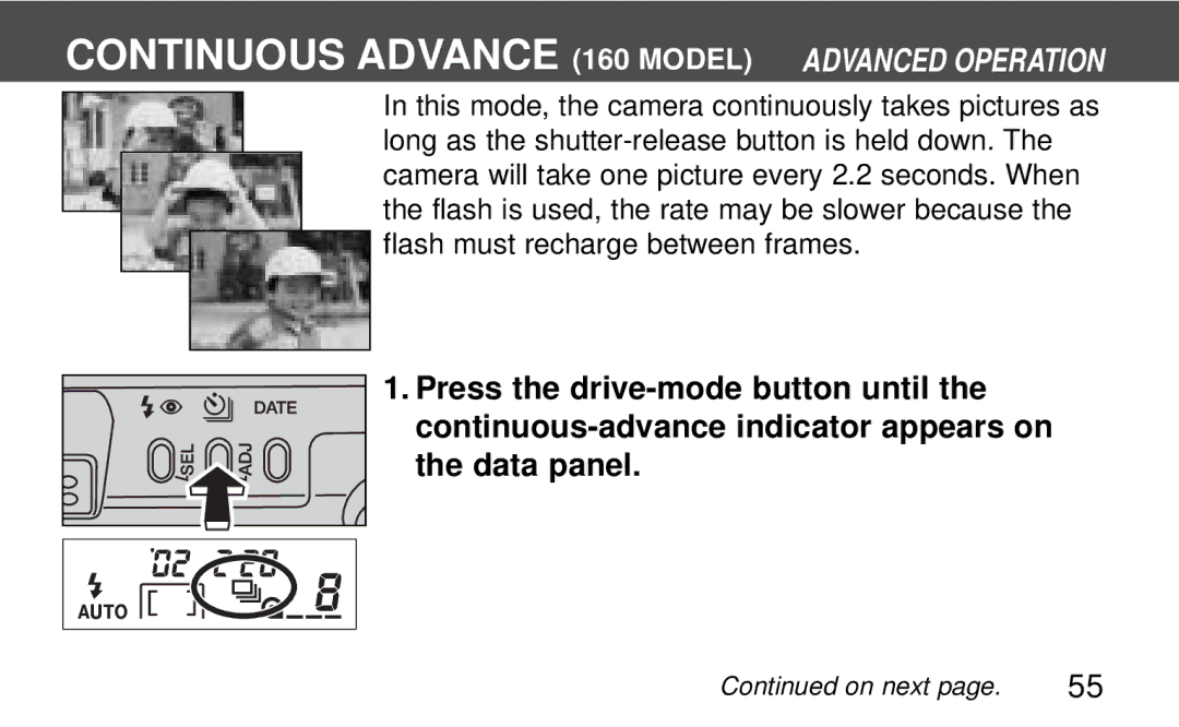 Polaroid 140 instruction manual Continuous Advance 160 Model Advanced Operation 