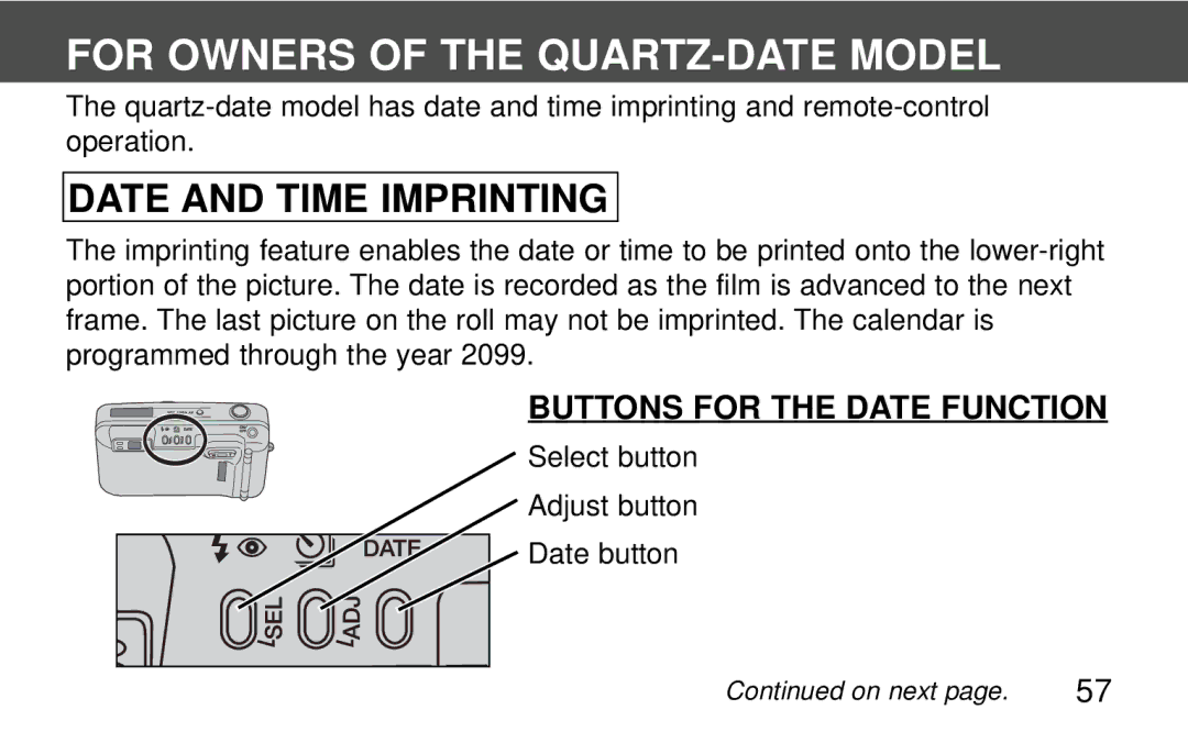 Polaroid 160, 140 instruction manual For Owners of the QUARTZ-DATE Model, Buttons for the Date Function 