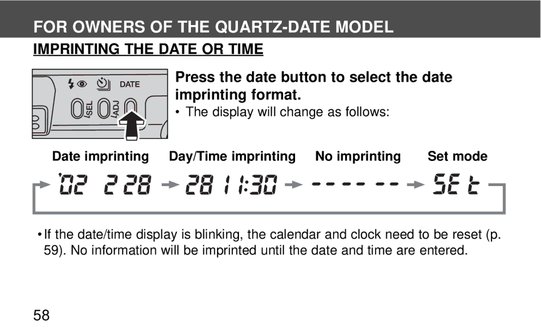 Polaroid 140, 160 instruction manual For Owners of the QUARTZ-DATE Model, Imprinting the Date or Time 