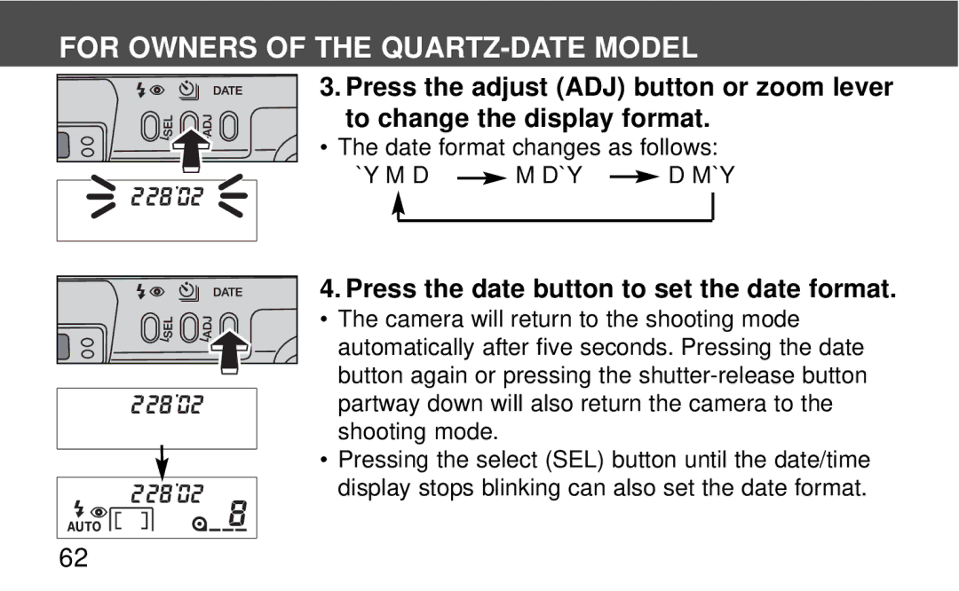 Polaroid 140, 160 instruction manual Press the date button to set the date format 