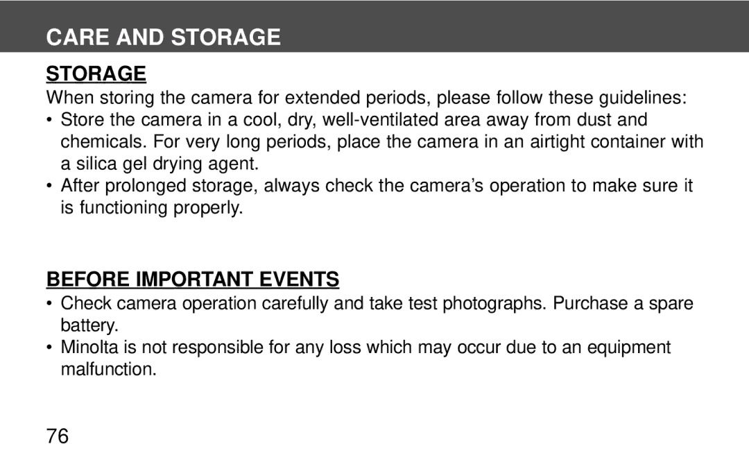 Polaroid 140, 160 instruction manual Storage, Before Important Events 