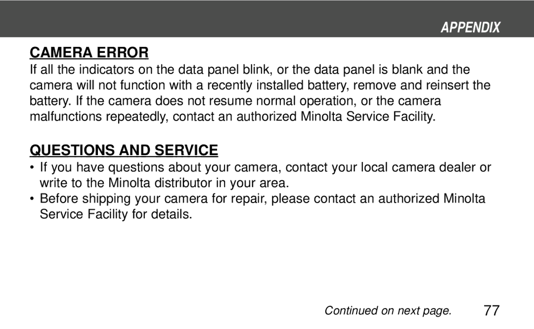 Polaroid 160, 140 instruction manual Camera Error, Questions and Service 