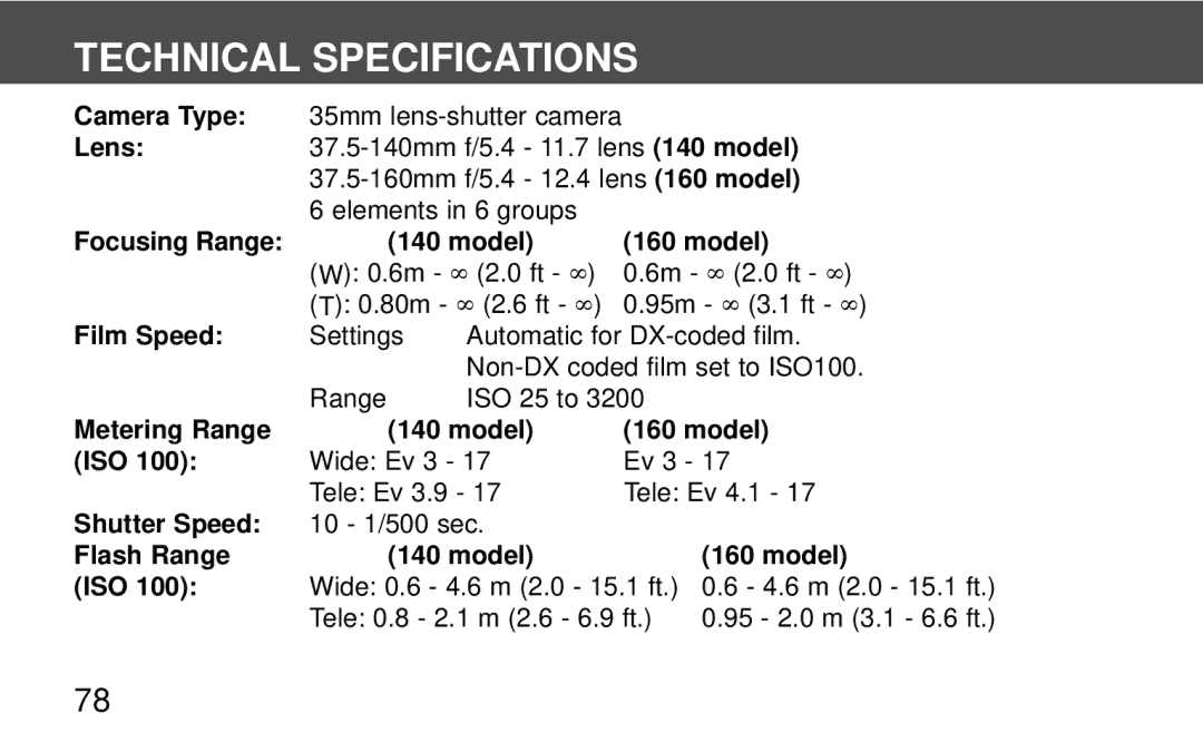 Polaroid 140, 160 instruction manual Technical Specifications 