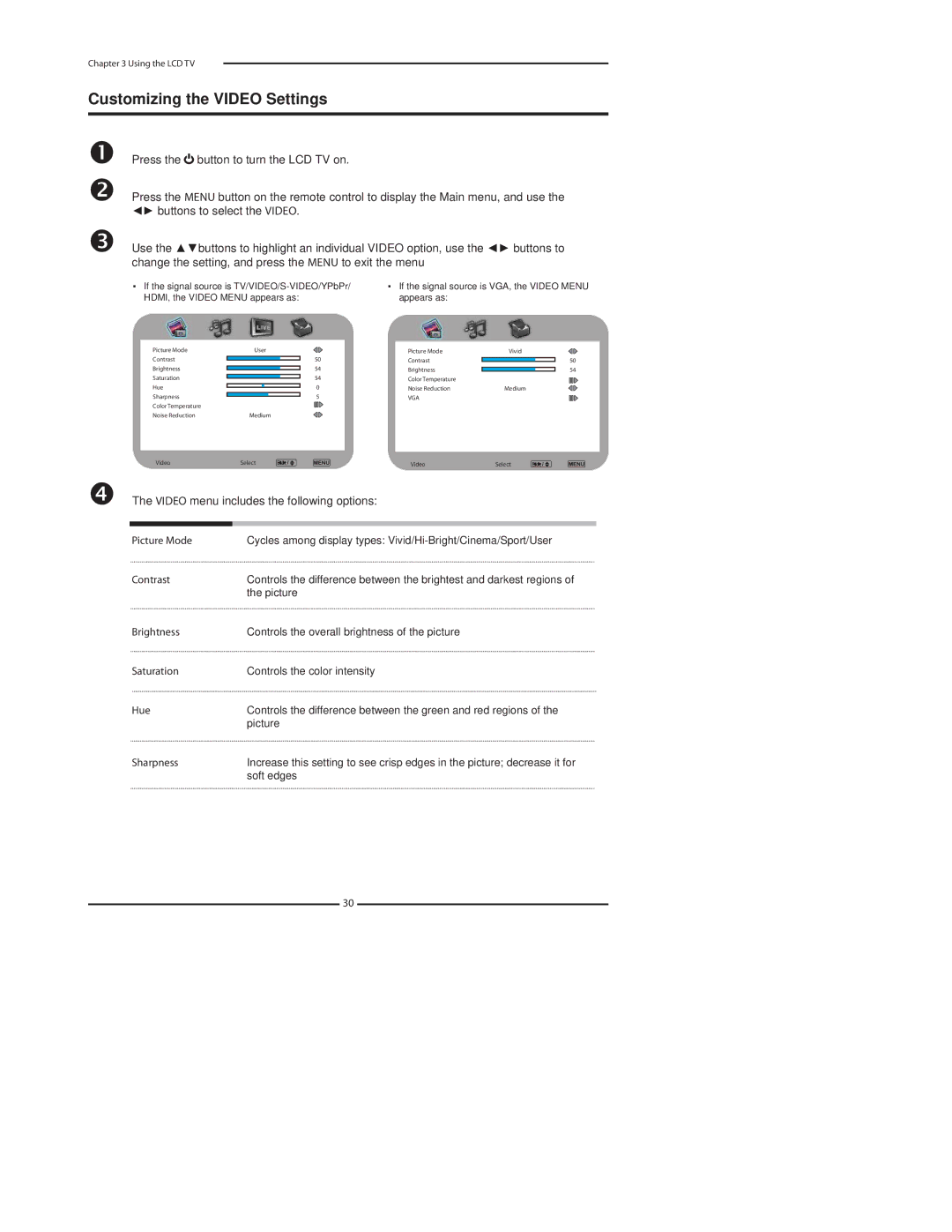 Polaroid 1911-TLXB manual Customizing the Video Settings, Video menu includes the following options 