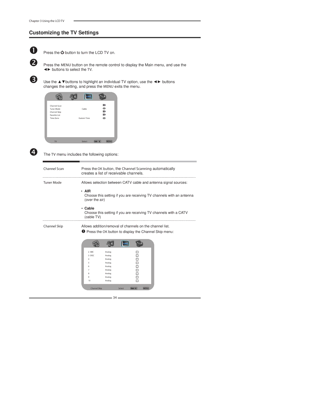 Polaroid 1911-TLXB manual Customizing the TV Settings, TV menu includes the following options 