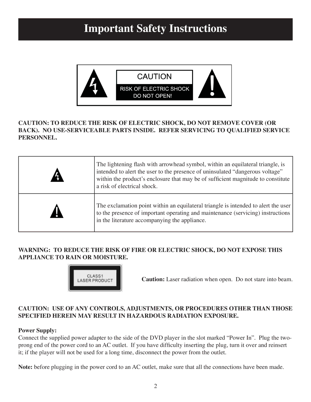 Polaroid 20060915 user manual Important Safety Instructions, Power Supply 