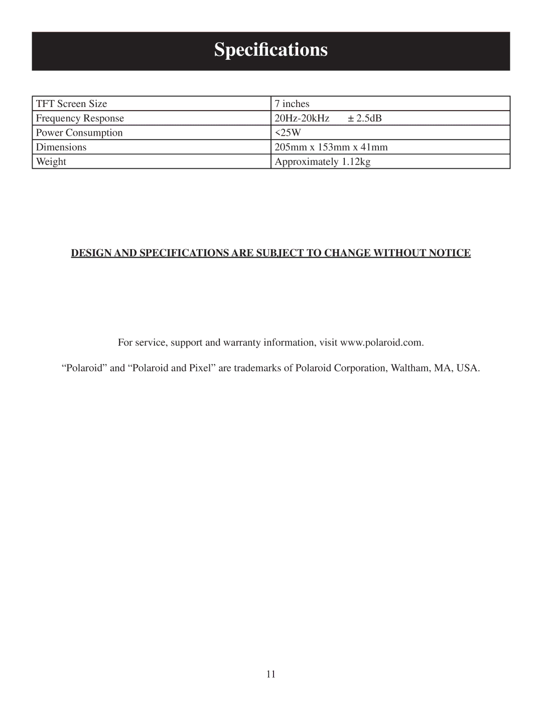 Polaroid 20060919 user manual Speciﬁcations 