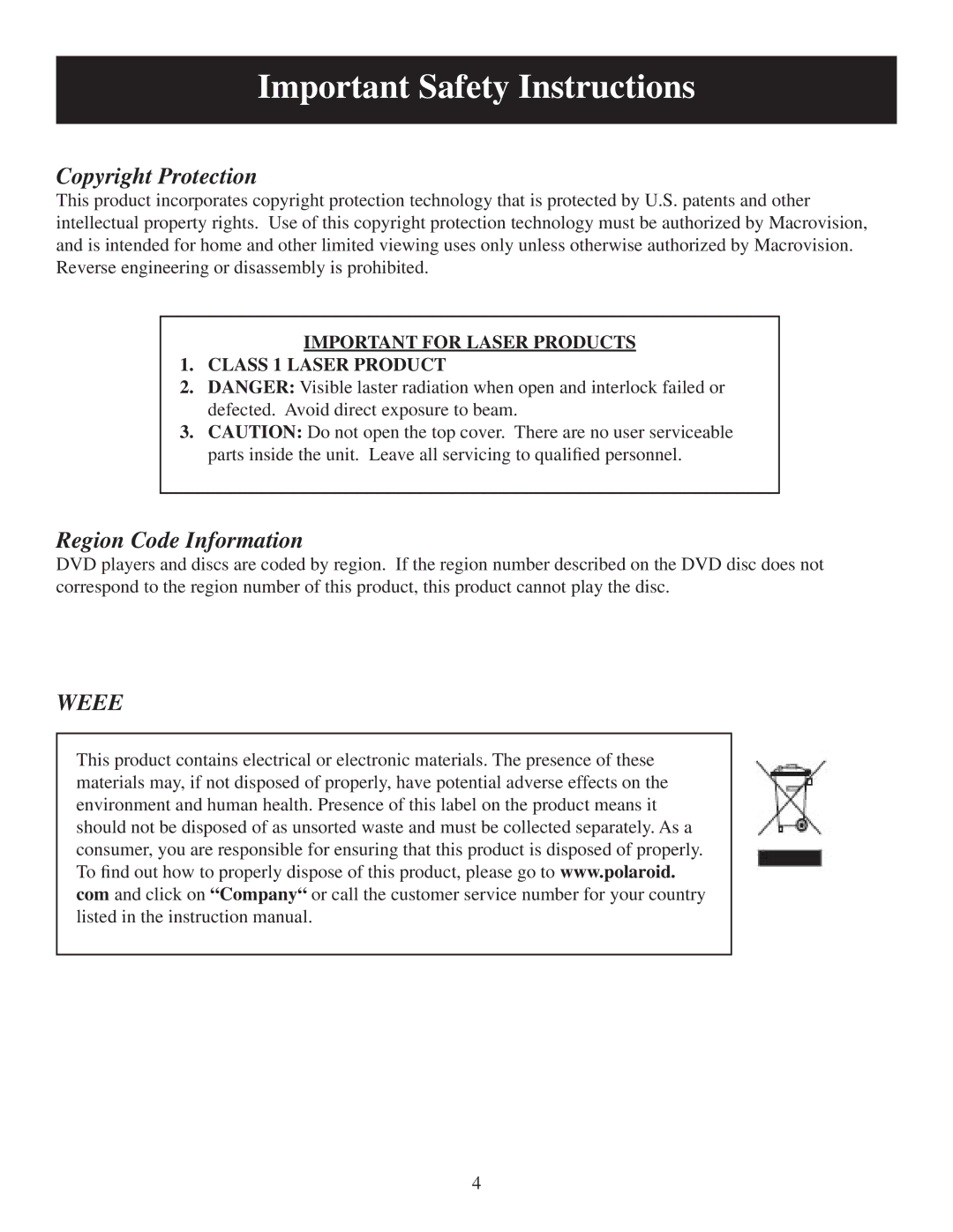 Polaroid 20060919 user manual Copyright Protection, Region Code Information 