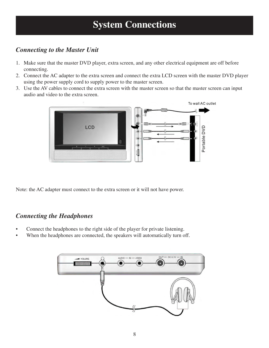 Polaroid 20060919 user manual System Connections, Connecting to the Master Unit, Connecting the Headphones 