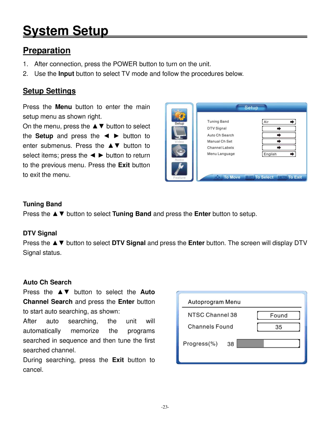 Polaroid 20070918 user manual System Setup, Setup Settings, Tuning Band, DTV Signal, Auto Ch Search 