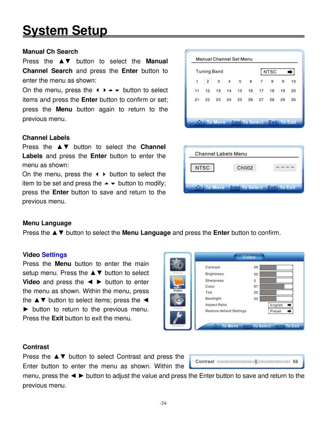 Polaroid 20070918 user manual Manual Ch Search, Channel Labels, Menu Language, Contrast 