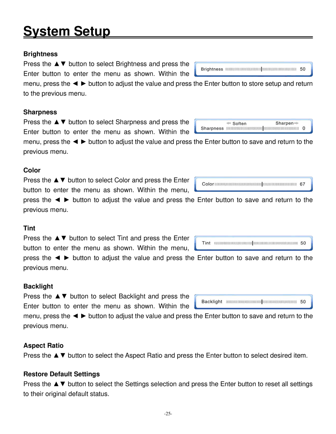 Polaroid 20070918 user manual Brightness, Sharpness, Color, Tint, Backlight, Aspect Ratio, Restore Default Settings 