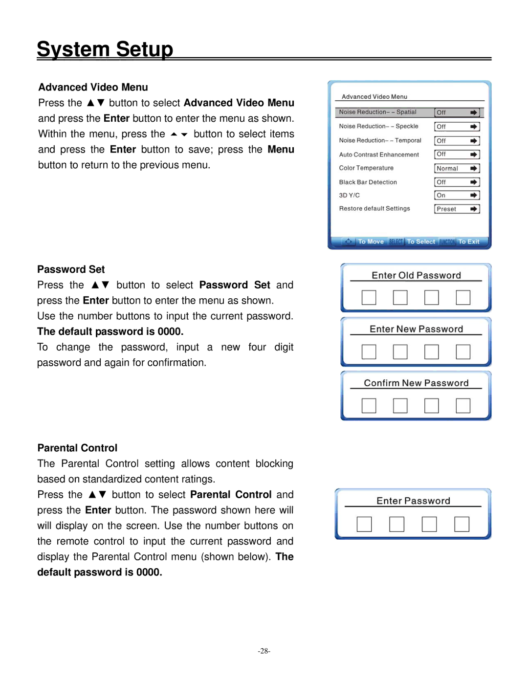 Polaroid 20070918 user manual Advanced Video Menu, Password Set, Default password is, Parental Control 