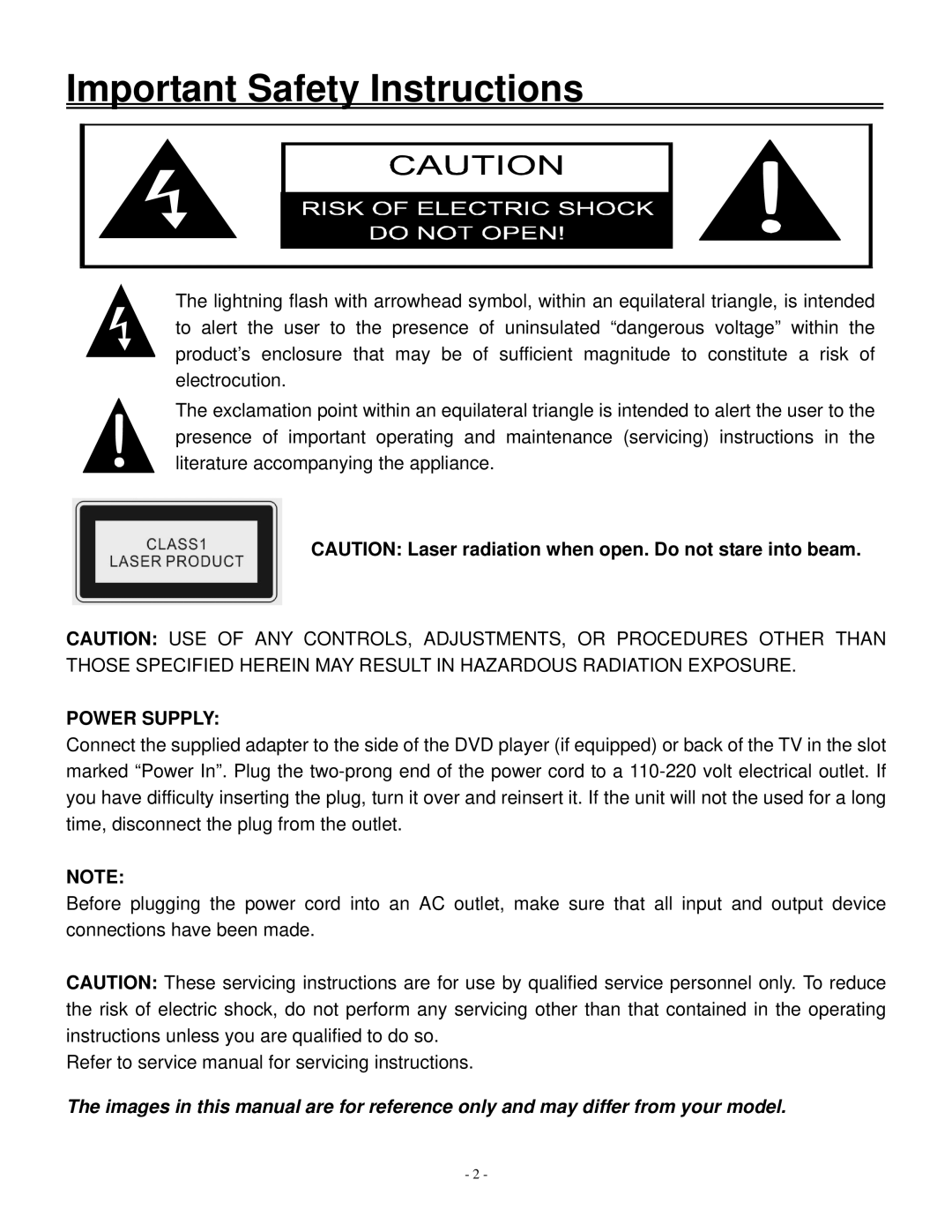 Polaroid 20070918 user manual Important Safety Instructions, Power Supply 