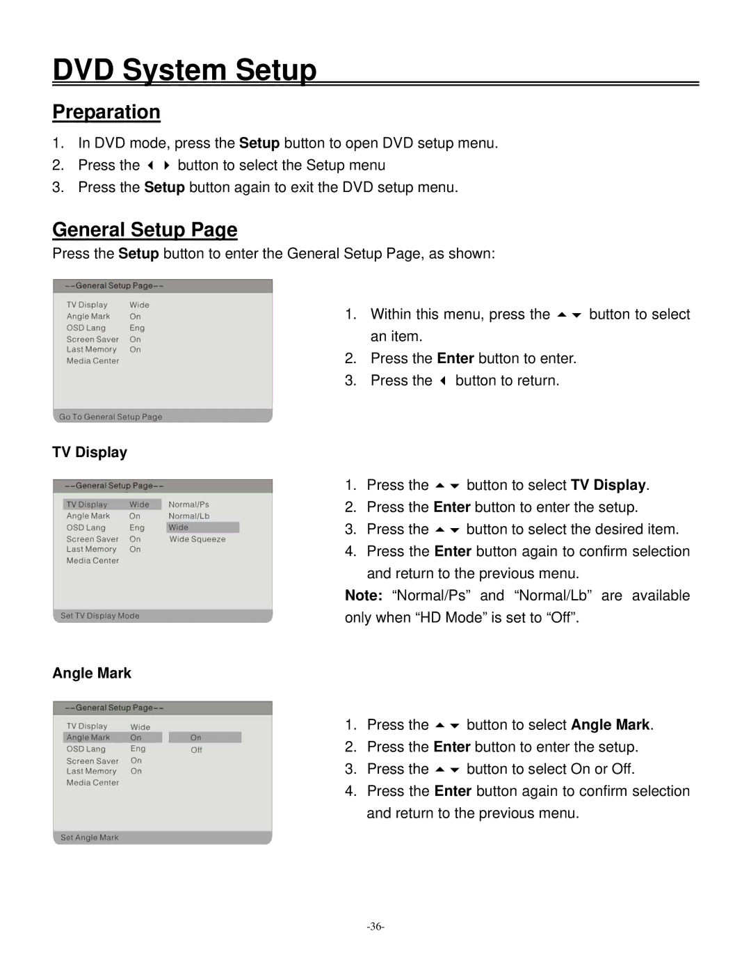 Polaroid 20070918 user manual DVD System Setup, General Setup, TV Display, Angle Mark 