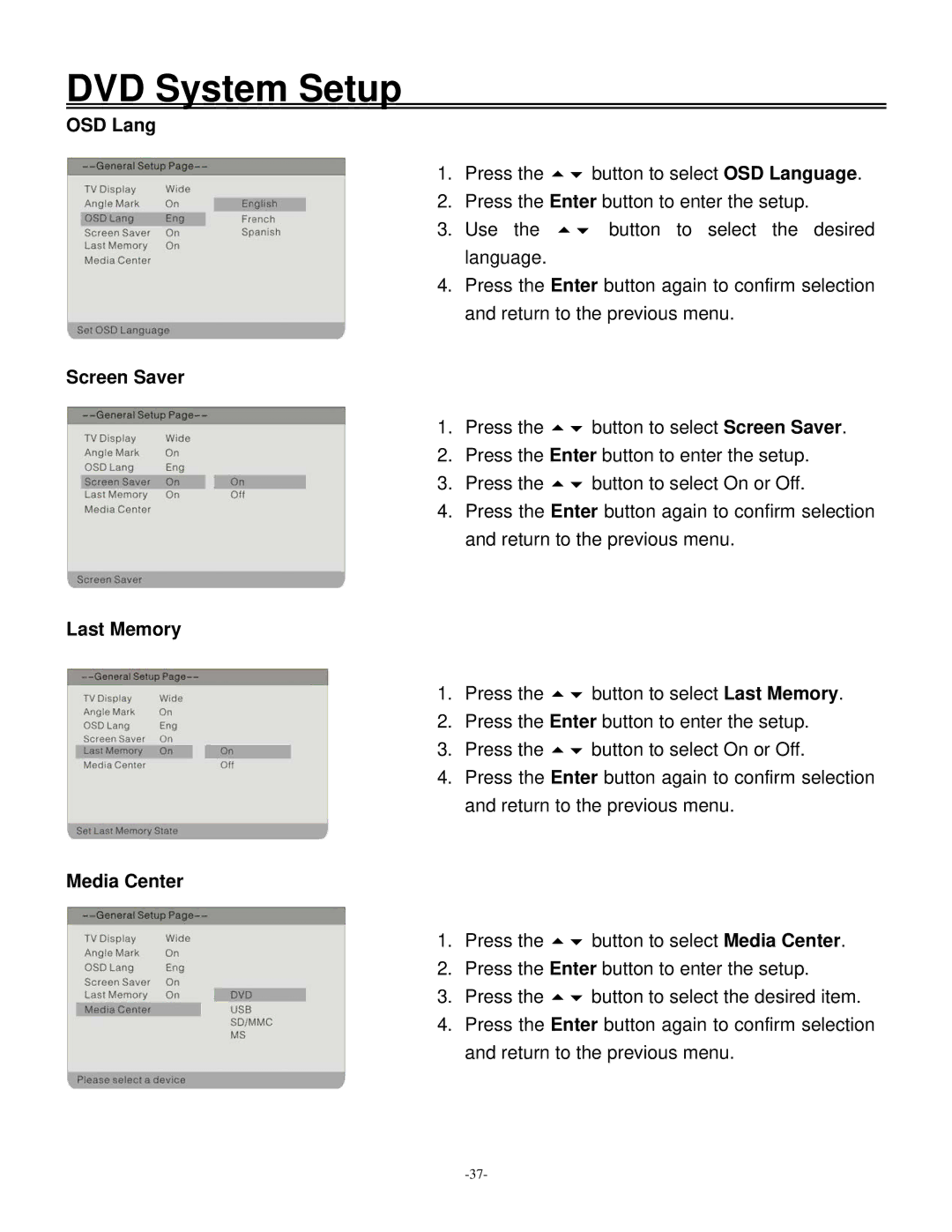 Polaroid 20070918 user manual OSD Lang, Screen Saver, Last Memory, Media Center 