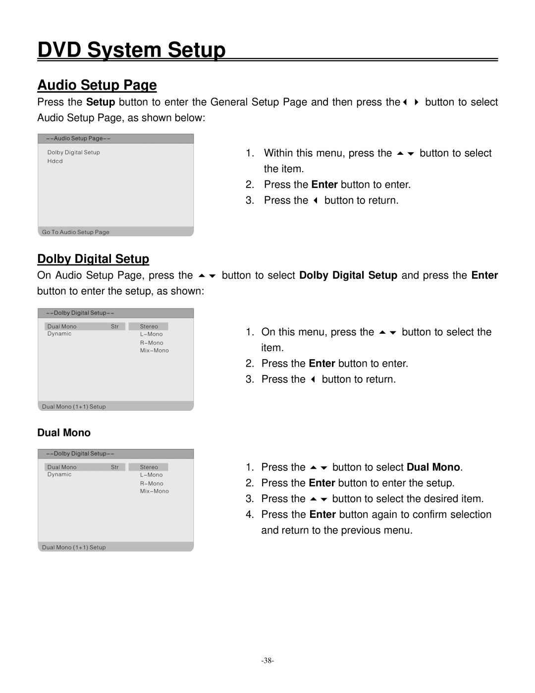 Polaroid 20070918 user manual Audio Setup, Dolby Digital Setup, Dual Mono 