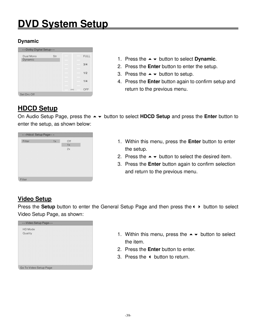 Polaroid 20070918 user manual Hdcd Setup, Video Setup, Dynamic 