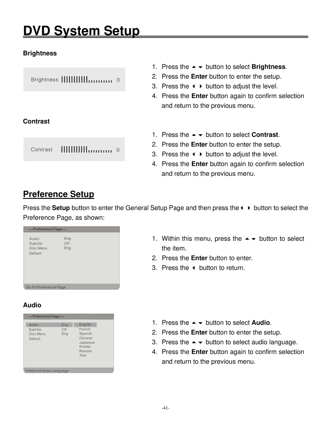 Polaroid 20070918 user manual Preference Setup, Brightness 