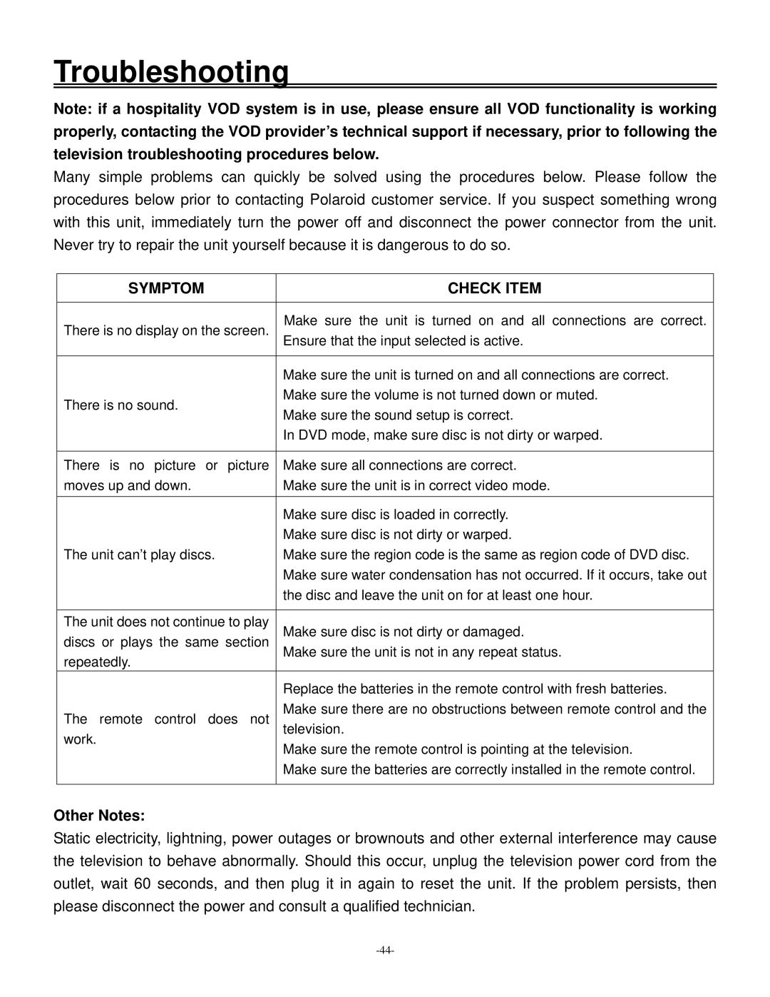 Polaroid 20070918 user manual Troubleshooting, Other Notes 