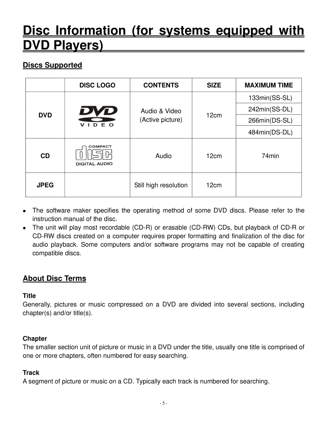 Polaroid 20070918 user manual Disc Information for systems equipped with DVD Players, Discs Supported, About Disc Terms 