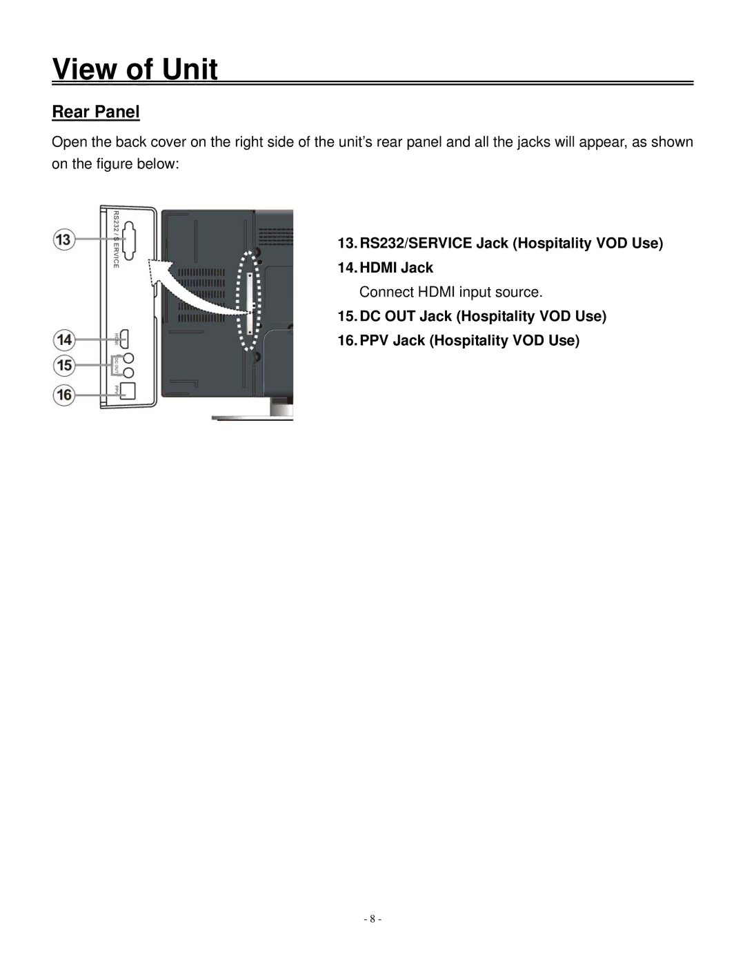 Polaroid 20070918 user manual 13. RS232/SERVICE Jack Hospitality VOD Use Hdmi Jack 