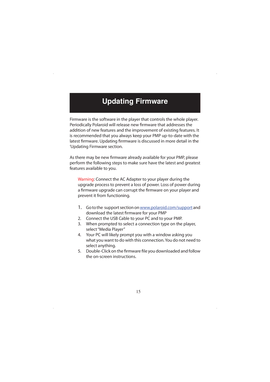 Polaroid 20071016 user manual Updating Firmware 