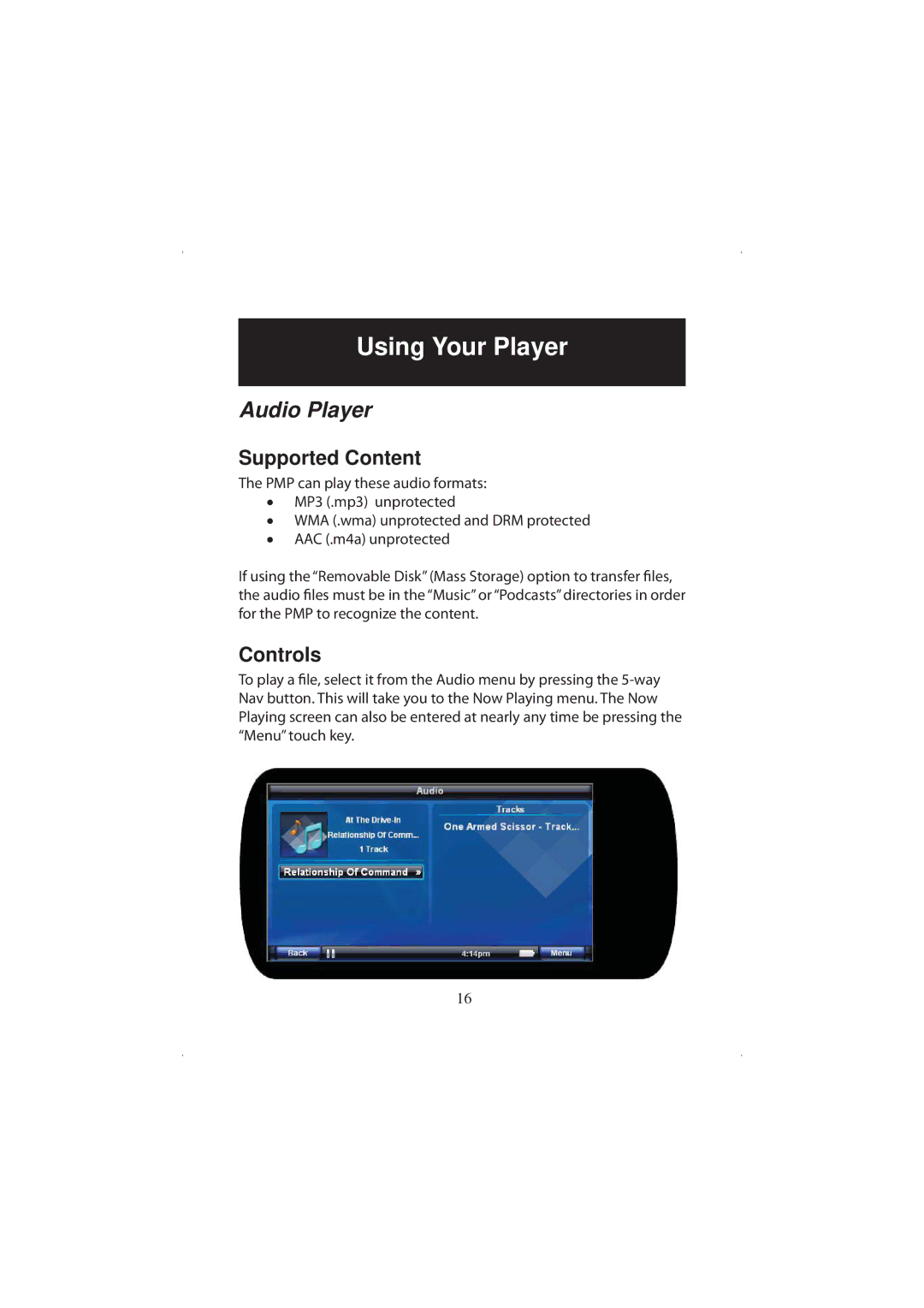 Polaroid 20071016 user manual Using Your Player, Audio Player, Supported Content, Controls 